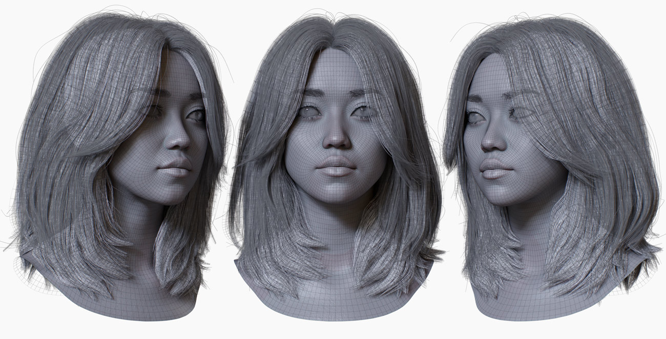 Wireframe of asian 3d head model with hair